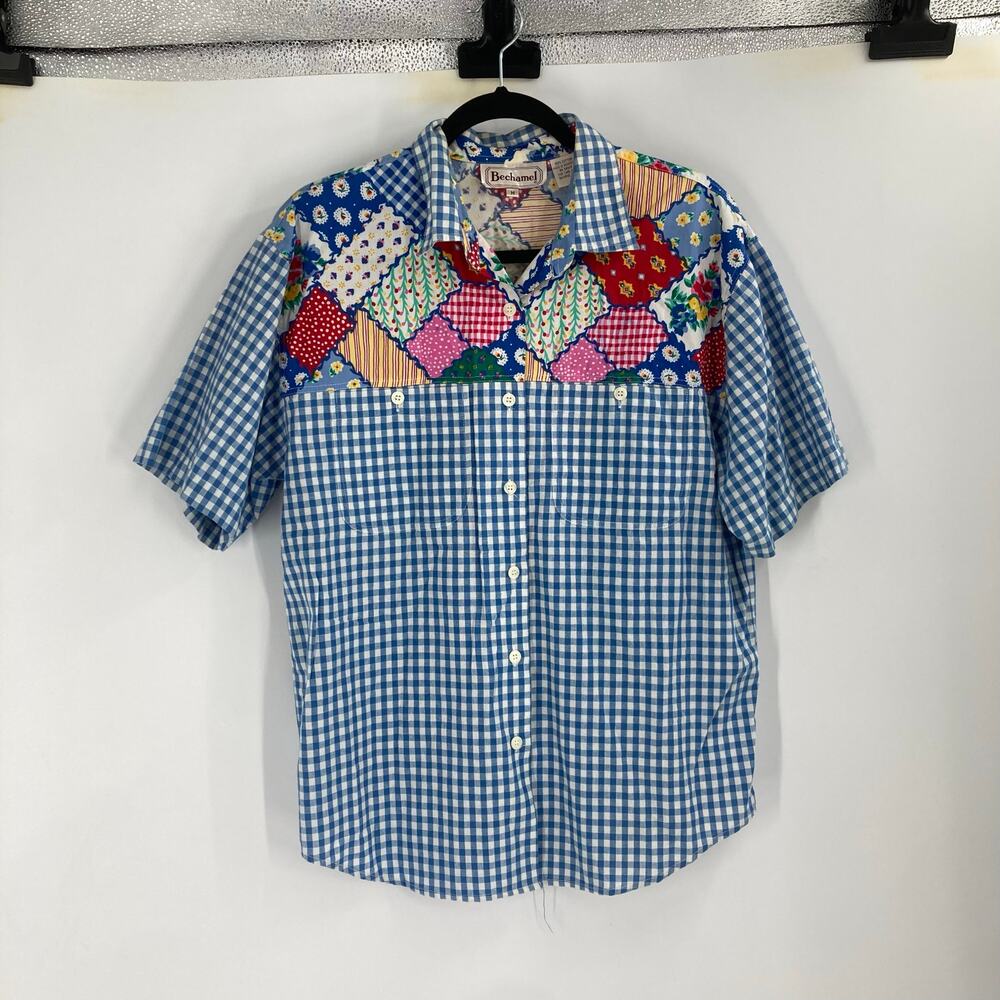 VTG Bechamel Checkered Patchwork Button Up Shirt … - image 2